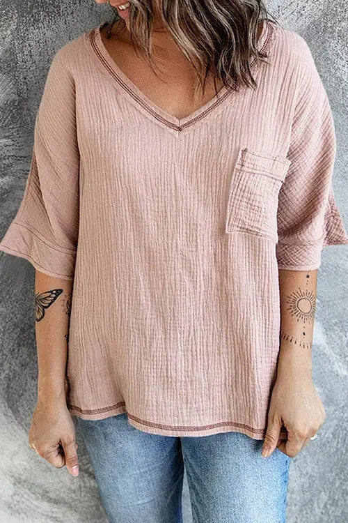 Pockets V Neck Blouse - Fashionpara