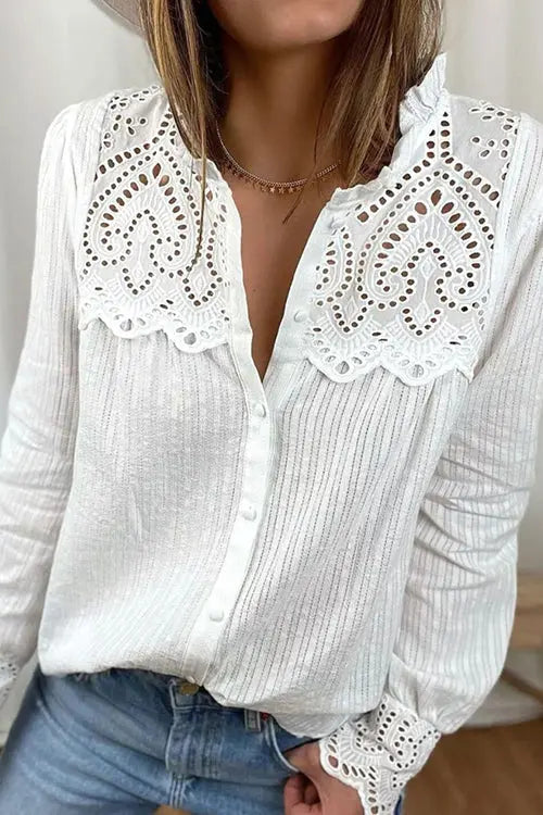 Hollow Lace Button Long Sleeve Shirt - Fashionpara