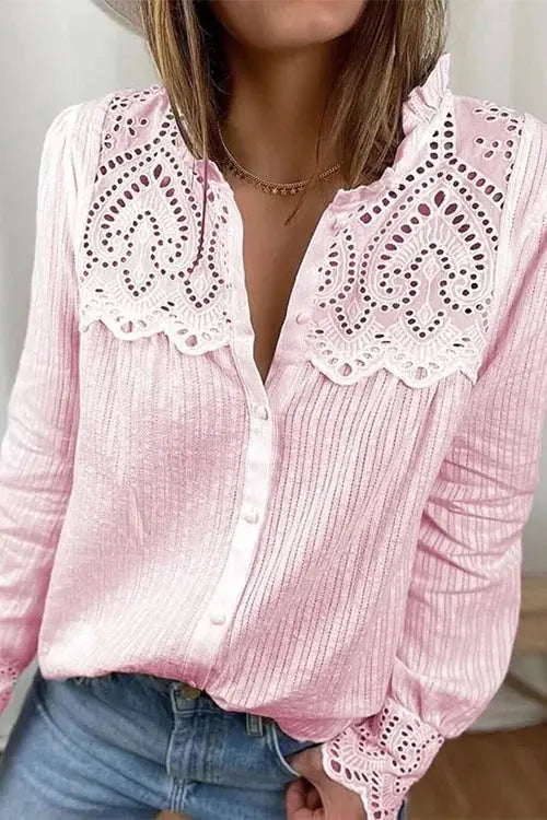 Hollow Lace Button Long Sleeve Shirt - Fashionpara