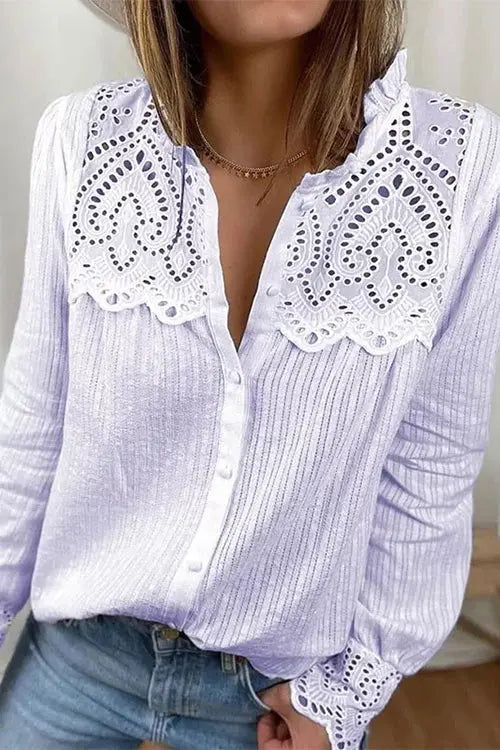 Hollow Lace Button Long Sleeve Shirt - Fashionpara