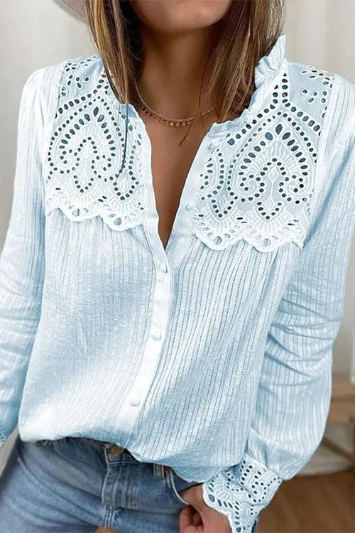 Hollow Lace Button Long Sleeve Shirt - Fashionpara