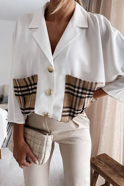 Lapel Plaid Pocket Button Blouse - Fashionpara