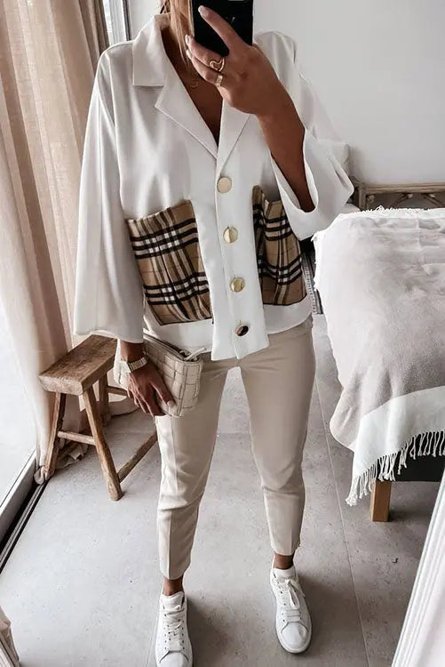 Lapel Plaid Pocket Button Blouse - Fashionpara