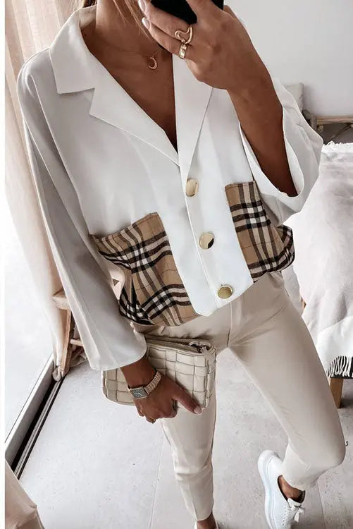 Lapel Plaid Pocket Button Blouse - Fashionpara