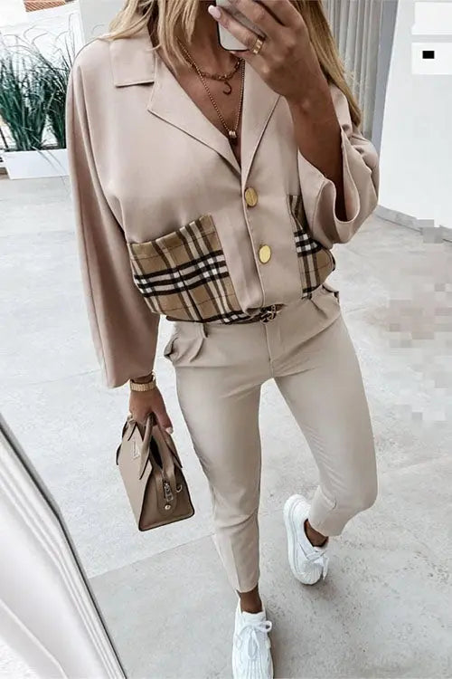 Lapel Plaid Pocket Button Blouse - Fashionpara