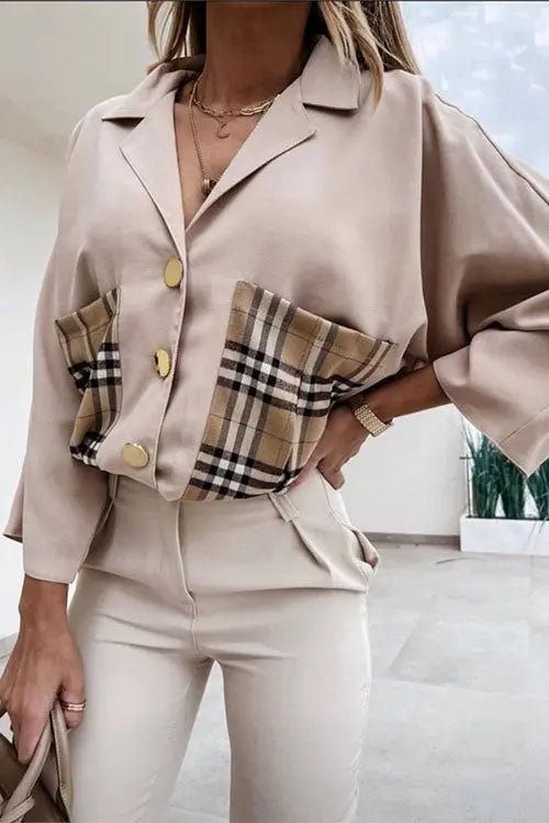 Lapel Plaid Pocket Button Blouse - Fashionpara