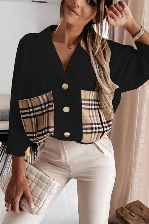 Lapel Plaid Pocket Button Blouse - Fashionpara