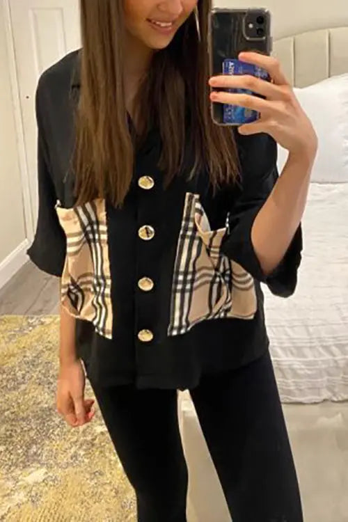 Lapel Plaid Pocket Button Blouse - Fashionpara