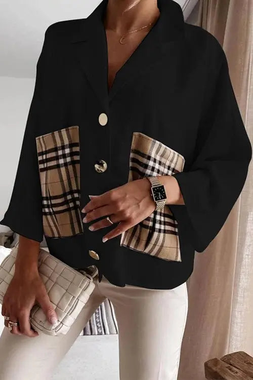 Lapel Plaid Pocket Button Blouse - Fashionpara