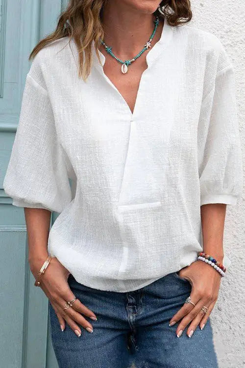 V Neck Seven Puff Sleeve Blouse - Fashionpara