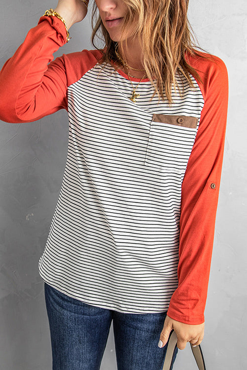 O Neck Long Sleeve Striped Raglan Top - Fashionpara