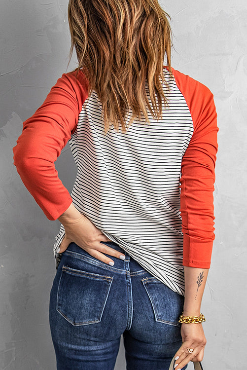 O Neck Long Sleeve Striped Raglan Top - Fashionpara