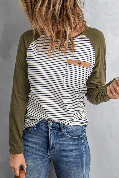 O Neck Long Sleeve Striped Raglan Top - Fashionpara