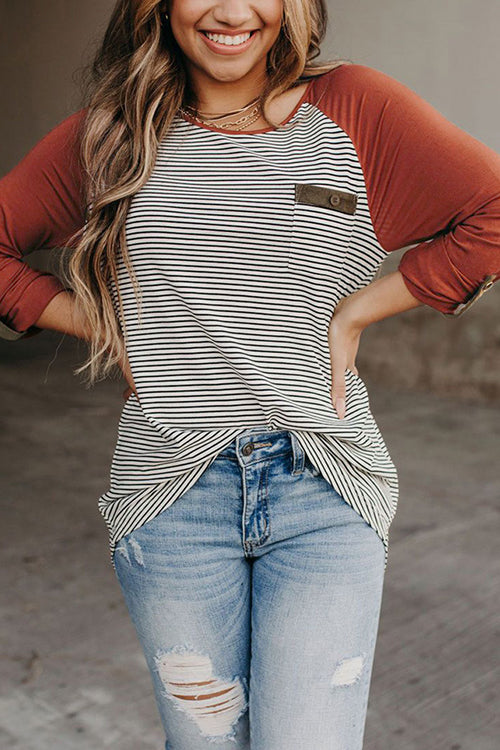 O Neck Long Sleeve Striped Raglan Top - Fashionpara