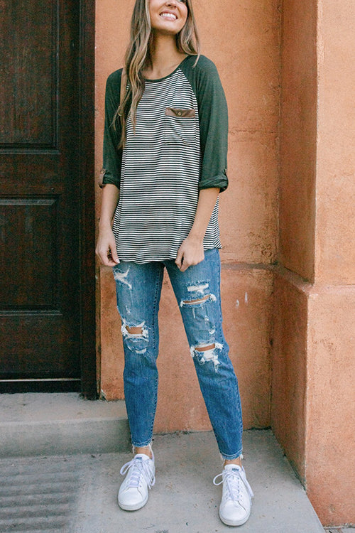 O Neck Long Sleeve Striped Raglan Top - Fashionpara