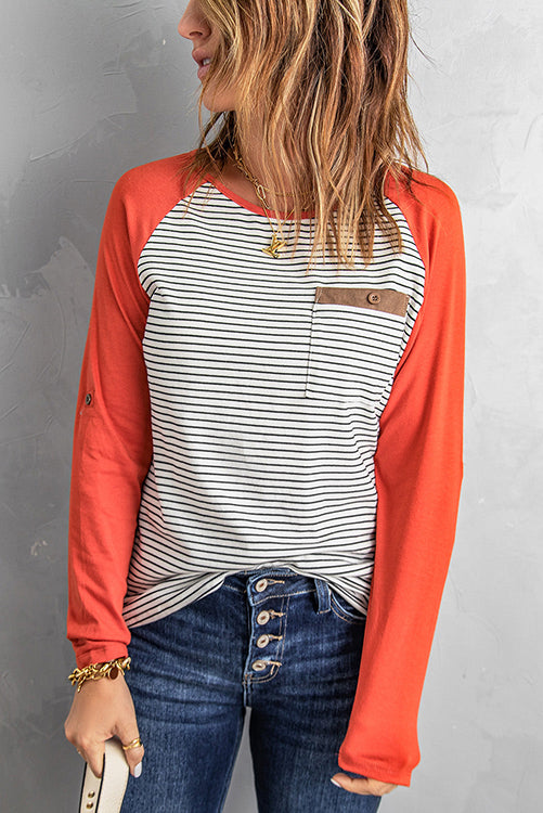 O Neck Long Sleeve Striped Raglan Top - Fashionpara