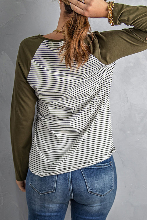 O Neck Long Sleeve Striped Raglan Top - Fashionpara