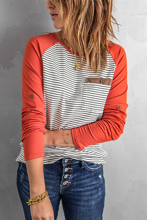 O Neck Long Sleeve Striped Raglan Top - Fashionpara