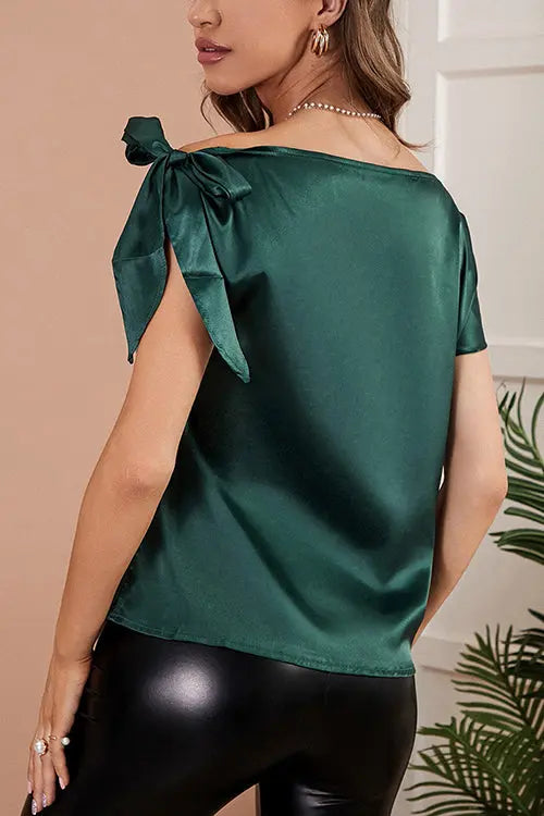 Satin Tie Shoulder Asymmetrical Neck Blouse - Fashionpara