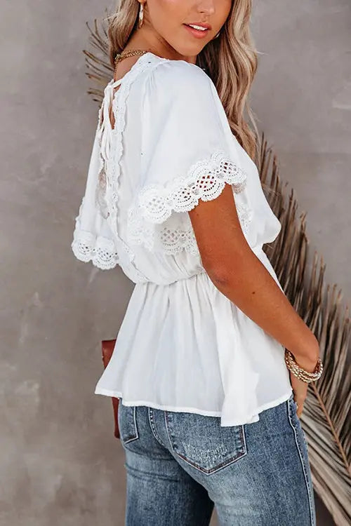 V Neck Crochet Lace Peplum Blouse - Fashionpara