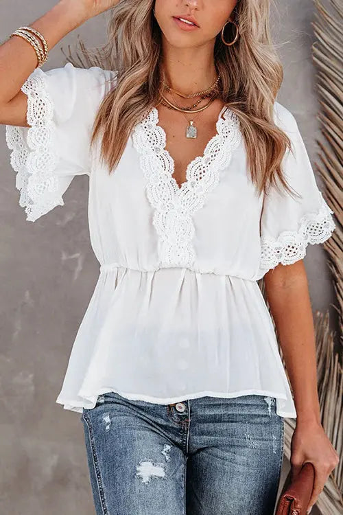 V Neck Crochet Lace Peplum Blouse - Fashionpara