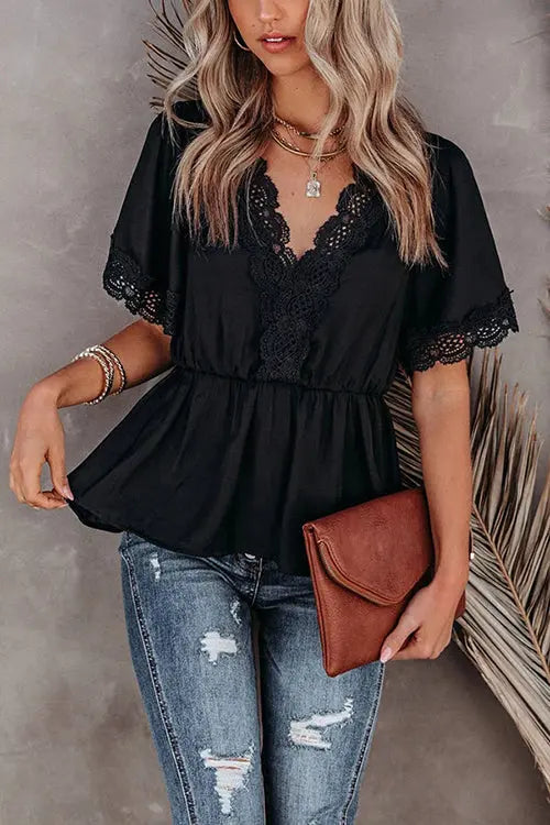V Neck Crochet Lace Peplum Blouse - Fashionpara