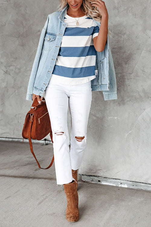 Wide Stripe O Neck Tee - Fashionpara