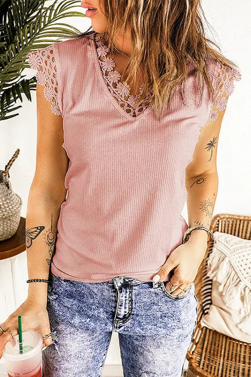 Lace V Neck Tank Top - Fashionpara