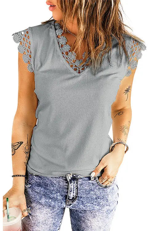 Lace V Neck Tank Top - Fashionpara