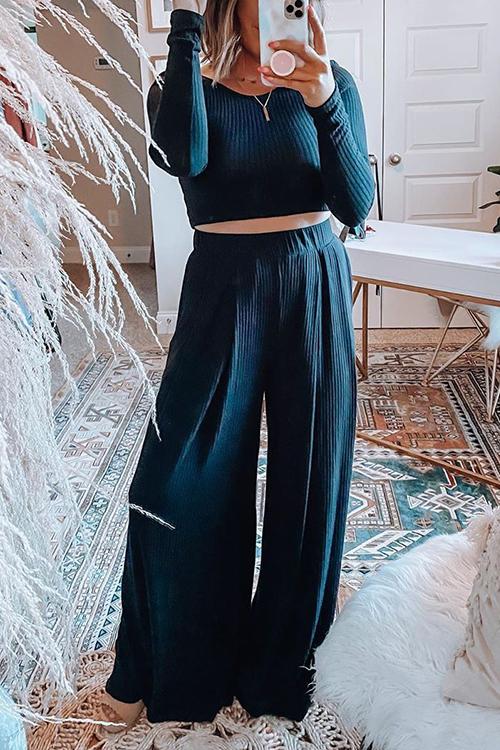 Solid Crop Wide Leg Pants Set - Fashionpara
