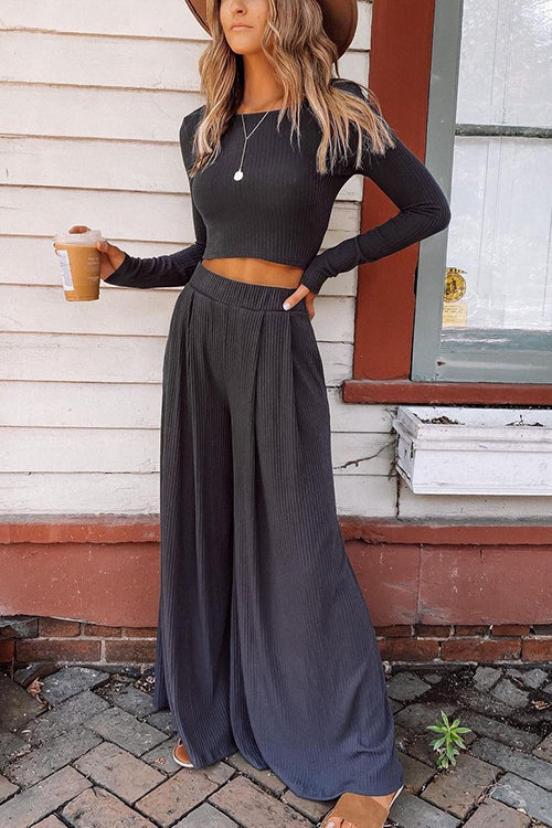 Solid Crop Wide Leg Pants Set - Fashionpara