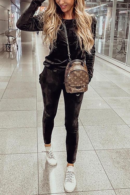 Dew Shoulder Velvet Pants Set - Fashionpara