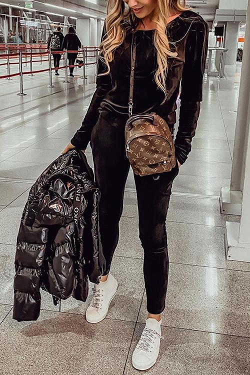 Dew Shoulder Velvet Pants Set - Fashionpara