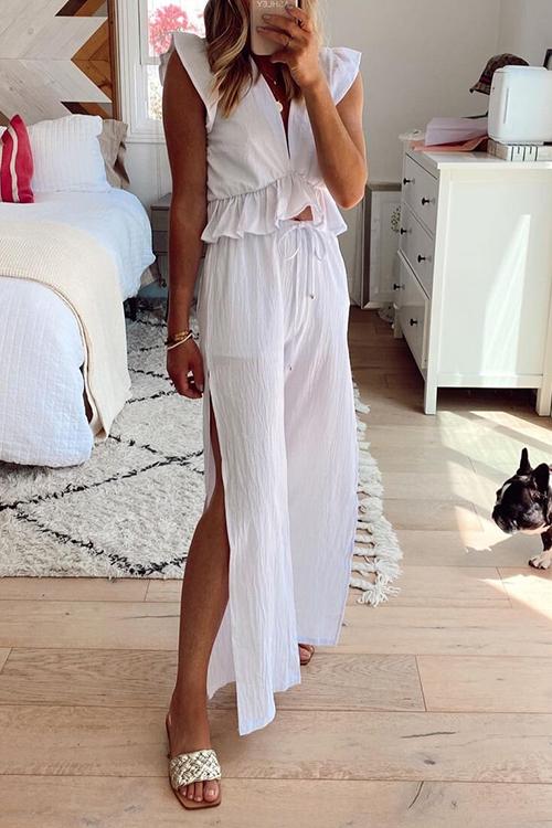 Ruffles Crop Slit Pants Set - Fashionpara