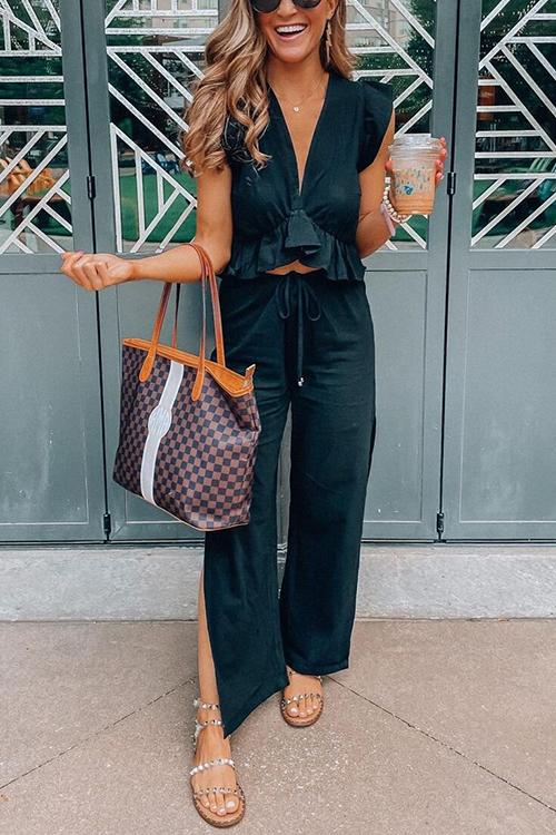 Ruffles Crop Slit Pants Set - Fashionpara