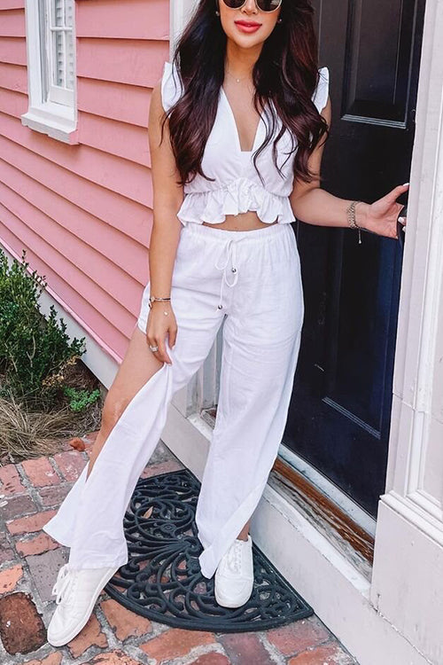 Ruffles Crop Slit Pants Set - Fashionpara