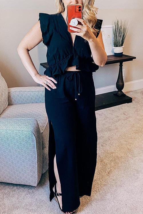 Ruffles Crop Slit Pants Set - Fashionpara