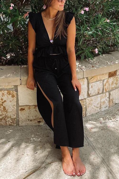 Ruffles Crop Slit Pants Set - Fashionpara