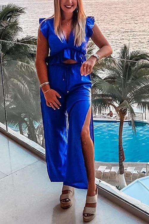 Ruffles Crop Slit Pants Set - Fashionpara