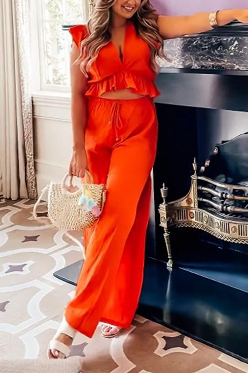 Ruffles Crop Slit Pants Set - Fashionpara