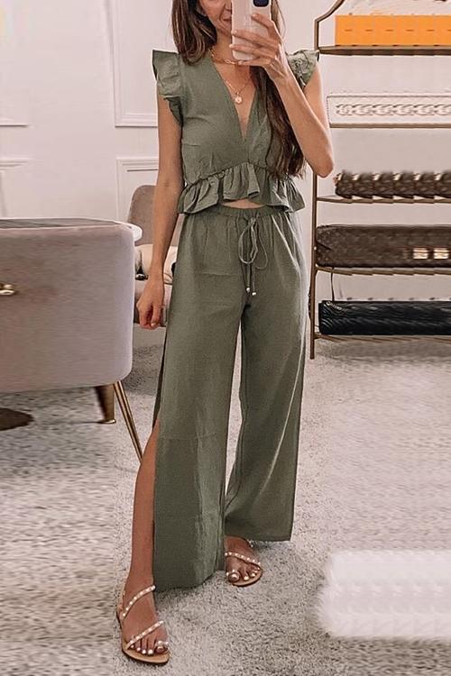 Ruffles Crop Slit Pants Set - Fashionpara