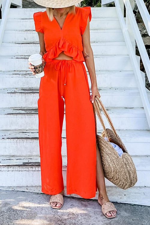 Ruffles Crop Slit Pants Set - Fashionpara