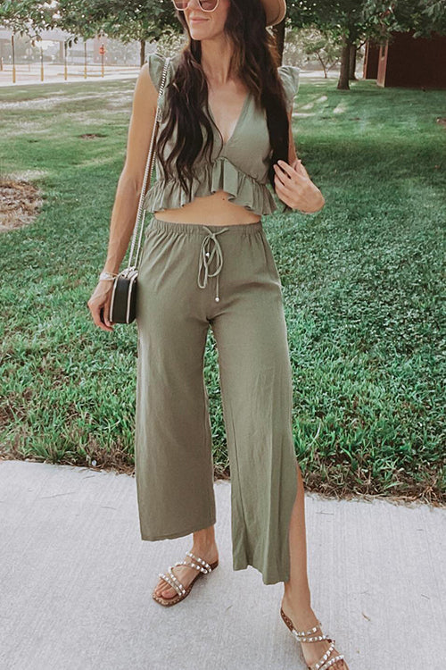 Ruffles Crop Slit Pants Set - Fashionpara
