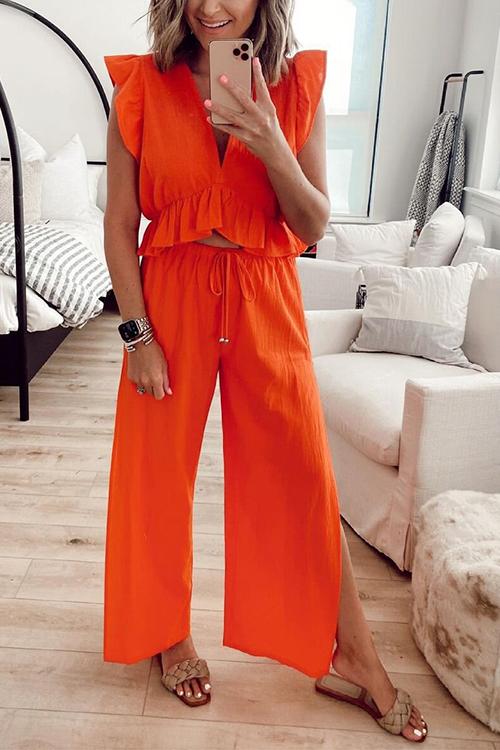 Ruffles Crop Slit Pants Set - Fashionpara
