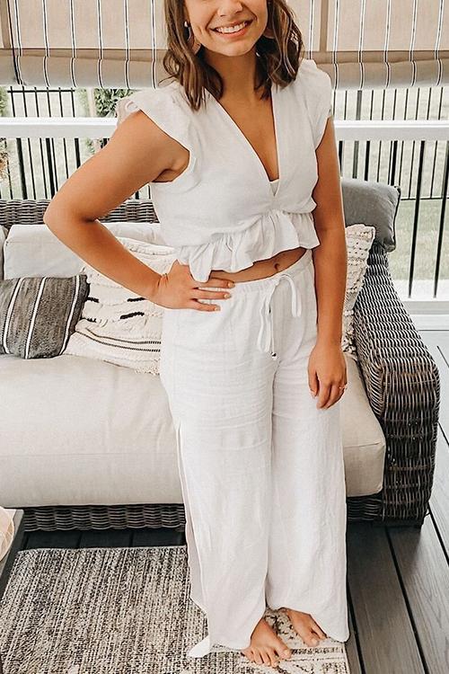 Ruffles Crop Slit Pants Set - Fashionpara