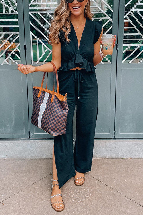Ruffles Crop Slit Pants Set - Fashionpara