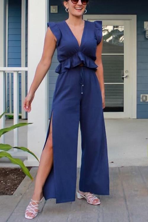 Ruffles Crop Slit Pants Set - Fashionpara