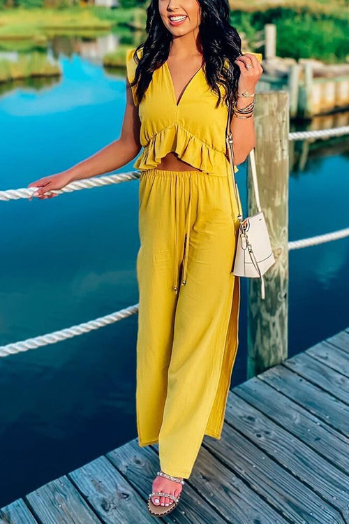 Ruffles Crop Slit Pants Set - Fashionpara