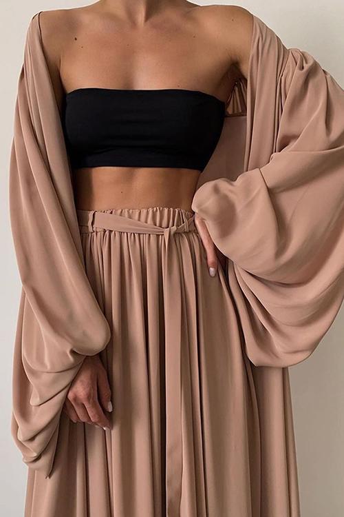 Flowing Puff Sleeve 3PC Cardigan Pants Set - Fashionpara
