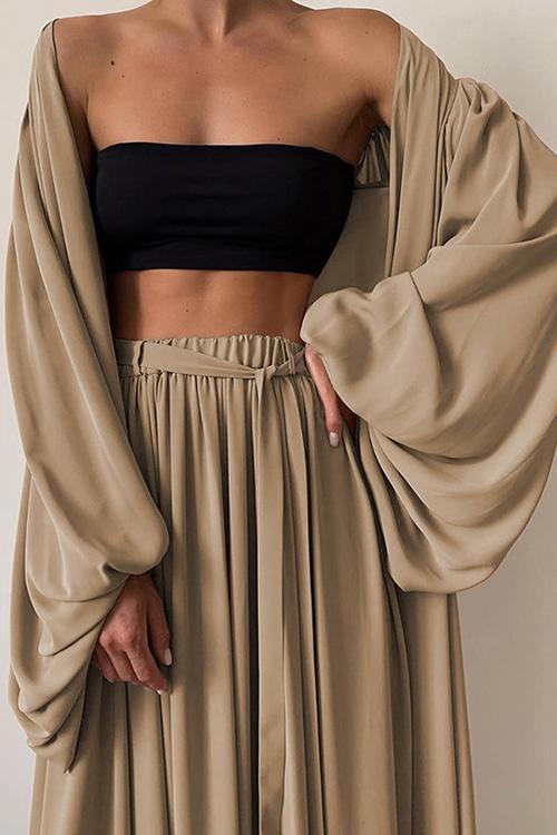 Flowing Puff Sleeve 3PC Cardigan Pants Set - Fashionpara